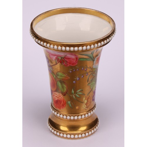 41 - A Spode trumpet shaped vase, painted with flowers and ripe fruit on a gilt ground, 11.5cm high, patt... 