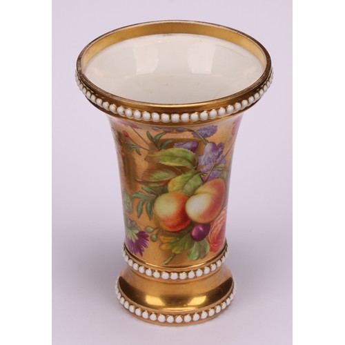 41 - A Spode trumpet shaped vase, painted with flowers and ripe fruit on a gilt ground, 11.5cm high, patt... 