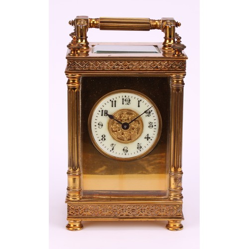 1221 - A French lacquered brass carriage timepiece, 4.5cm dial inscribed with Arabic numerals, key-wound mo... 