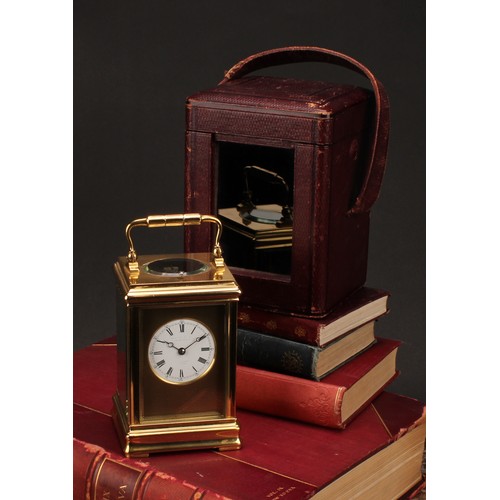 1882 - An early 20th century lacquered brass repeater carriage clock, 5cm dial inscribed with Roman and sub... 