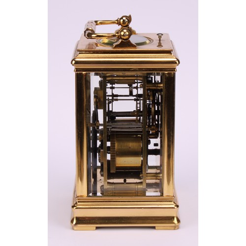 1882 - An early 20th century lacquered brass repeater carriage clock, 5cm dial inscribed with Roman and sub... 