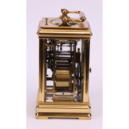 1882 - An early 20th century lacquered brass repeater carriage clock, 5cm dial inscribed with Roman and sub... 