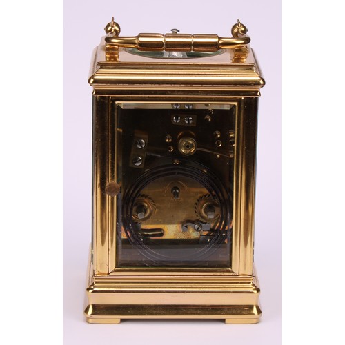 1882 - An early 20th century lacquered brass repeater carriage clock, 5cm dial inscribed with Roman and sub... 