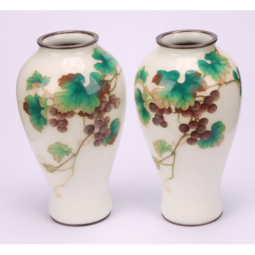 256 - A pair of Japanese cloisonné ovoid vases, decorated with fruiting vine on an opaque ground, silver c... 