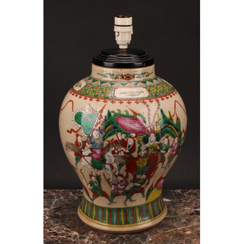 205 - A Chinese crackle glazed baluster vase, painted in polychrome enamels with warriors, four character ... 