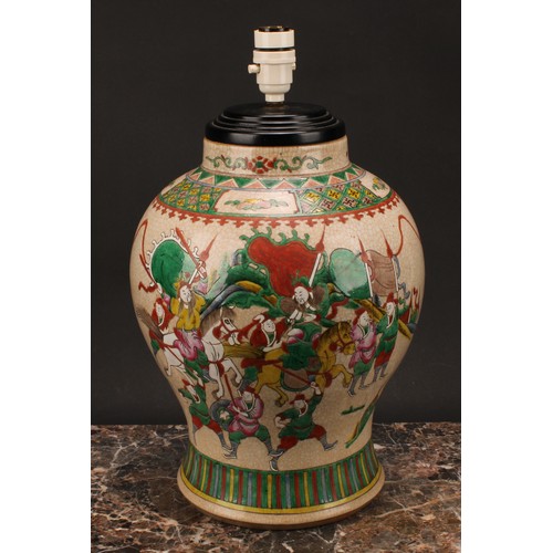 205 - A Chinese crackle glazed baluster vase, painted in polychrome enamels with warriors, four character ... 