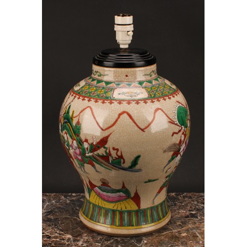 205 - A Chinese crackle glazed baluster vase, painted in polychrome enamels with warriors, four character ... 