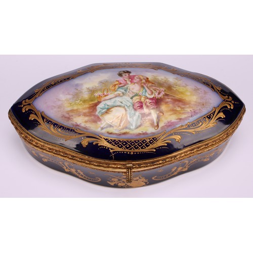 132 - A French porcelain navette shaped casket, hinged cover painted with a courting couple, the border an... 