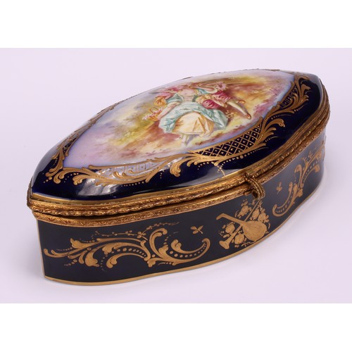 132 - A French porcelain navette shaped casket, hinged cover painted with a courting couple, the border an... 