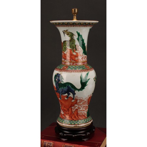 199 - A Chinese baluster vase, painted in polychrome with chimera, fitted as a lamp, hardwood base, 52cm h... 