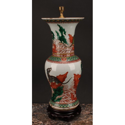 199 - A Chinese baluster vase, painted in polychrome with chimera, fitted as a lamp, hardwood base, 52cm h... 