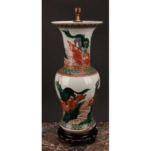 199 - A Chinese baluster vase, painted in polychrome with chimera, fitted as a lamp, hardwood base, 52cm h... 