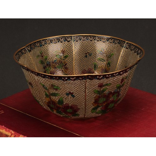 246 - A Chinese plique-à-jour enamel lobed circular bowl, decorated with flowers beneath a lappet border, ... 