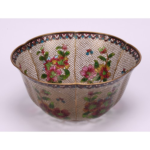 246 - A Chinese plique-à-jour enamel lobed circular bowl, decorated with flowers beneath a lappet border, ... 