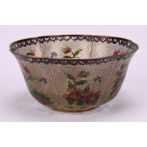 246 - A Chinese plique-à-jour enamel lobed circular bowl, decorated with flowers beneath a lappet border, ... 