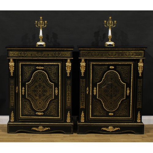 1537 - A near pair of Louis XV Revival gilt metal mounted, ebonised and premier and contra-partie brass mar... 