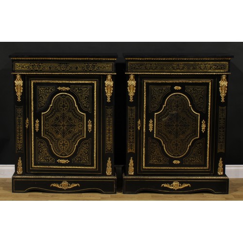 1537 - A near pair of Louis XV Revival gilt metal mounted, ebonised and premier and contra-partie brass mar... 