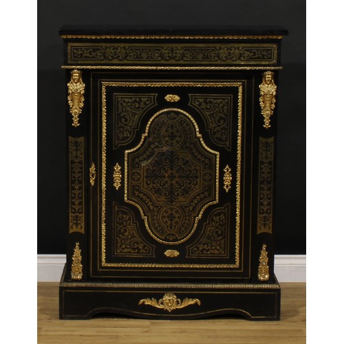 1537 - A near pair of Louis XV Revival gilt metal mounted, ebonised and premier and contra-partie brass mar... 