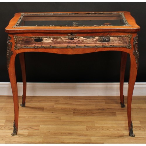 1385 - A 19th century gilt metal mounted rosewood serpentine bijouterie table, in the Louis XV taste, hinge... 