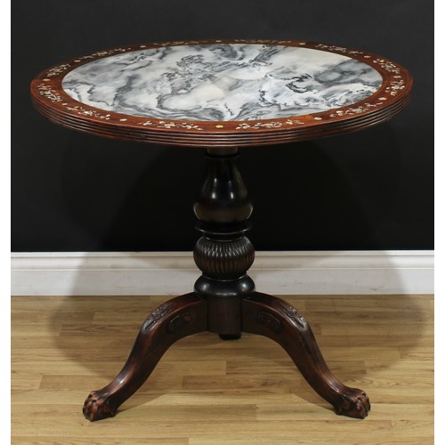 1399 - A Chinese hardwood tripod centre table, circular top with inset dreamstone panel and inlaid in mothe... 