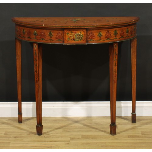 1281 - A pair of Sheraton Revival satinwood and painted demilune pier tables, each top painted in polychrom... 