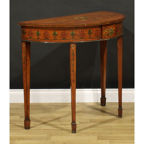 1281 - A pair of Sheraton Revival satinwood and painted demilune pier tables, each top painted in polychrom... 