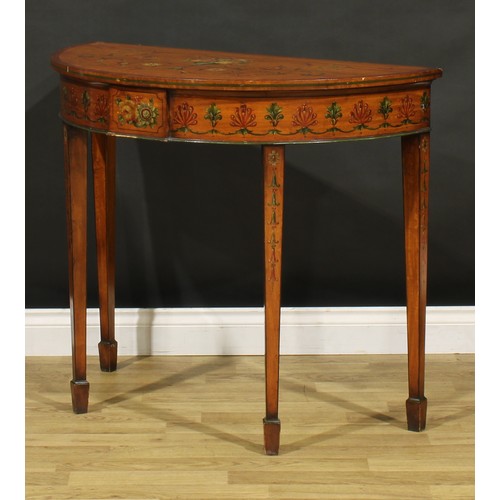 1281 - A pair of Sheraton Revival satinwood and painted demilune pier tables, each top painted in polychrom... 