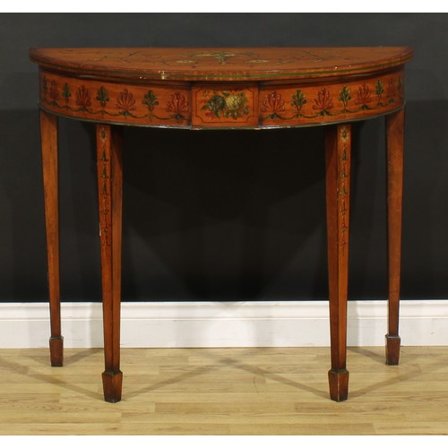 1281 - A pair of Sheraton Revival satinwood and painted demilune pier tables, each top painted in polychrom... 