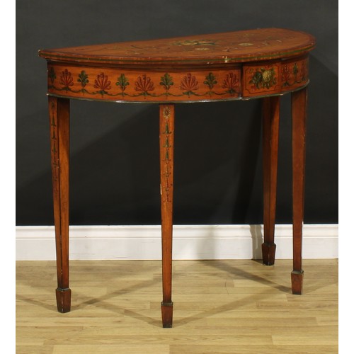 1281 - A pair of Sheraton Revival satinwood and painted demilune pier tables, each top painted in polychrom... 