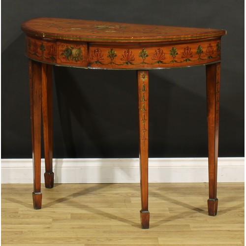 1281 - A pair of Sheraton Revival satinwood and painted demilune pier tables, each top painted in polychrom... 