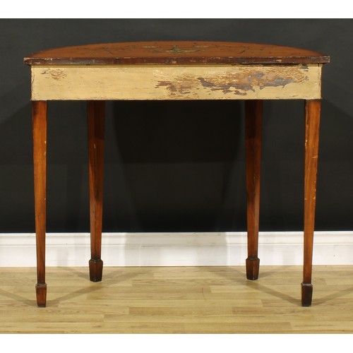 1281 - A pair of Sheraton Revival satinwood and painted demilune pier tables, each top painted in polychrom... 