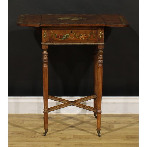 1493 - A 19th century Sheraton Revival satinwood and painted Pembroke table, of small and neat proportions,... 