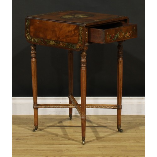 1493 - A 19th century Sheraton Revival satinwood and painted Pembroke table, of small and neat proportions,... 