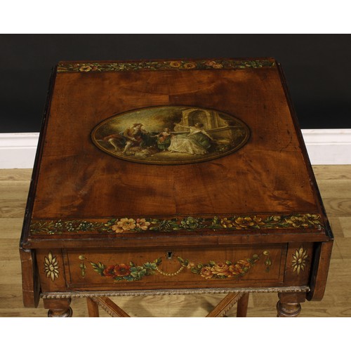 1493 - A 19th century Sheraton Revival satinwood and painted Pembroke table, of small and neat proportions,... 