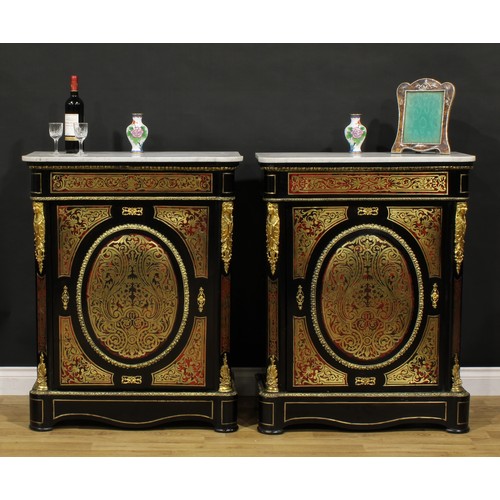 1538 - A near pair of Louis XV Revival gilt metal mounted, ebonised and premier and contra-partie brass mar... 