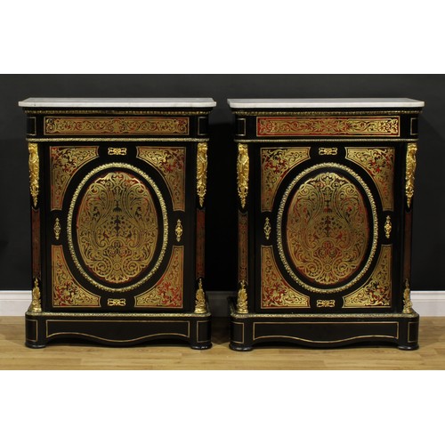 1538 - A near pair of Louis XV Revival gilt metal mounted, ebonised and premier and contra-partie brass mar... 