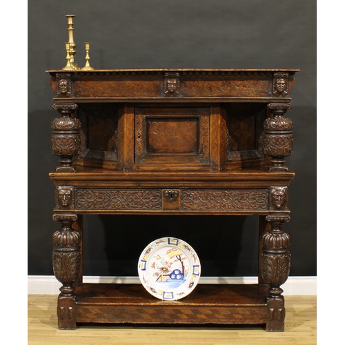 1313 - A 17th century style oak and marquetry duodarn, rectangular top with dentil capital and a frieze inl... 