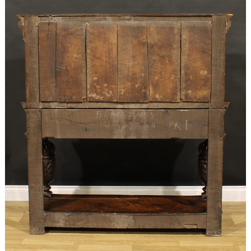 1313 - A 17th century style oak and marquetry duodarn, rectangular top with dentil capital and a frieze inl... 