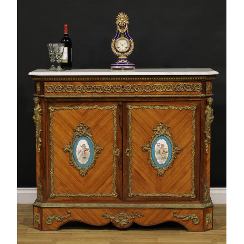 1534 - A Napoleon III gilt metal and porcelain mounted kingwood side cabinet, in the Louis XV taste, marble... 