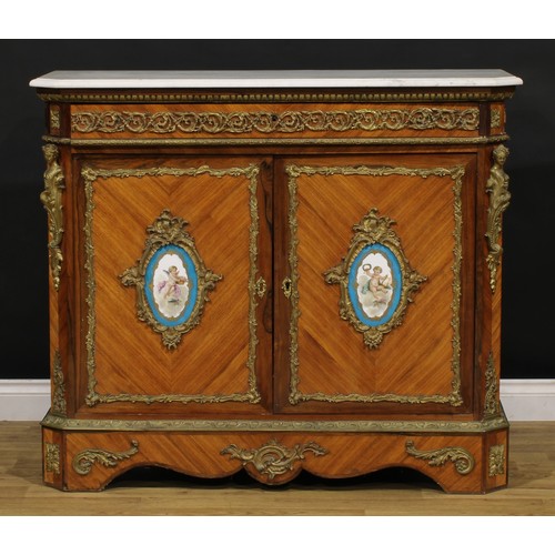 1534 - A Napoleon III gilt metal and porcelain mounted kingwood side cabinet, in the Louis XV taste, marble... 