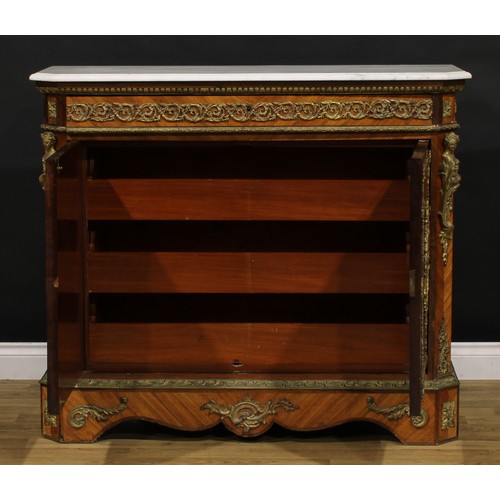 1534 - A Napoleon III gilt metal and porcelain mounted kingwood side cabinet, in the Louis XV taste, marble... 