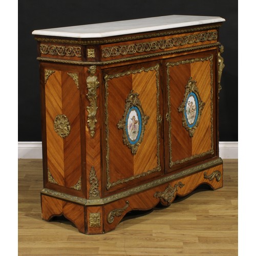 1534 - A Napoleon III gilt metal and porcelain mounted kingwood side cabinet, in the Louis XV taste, marble... 