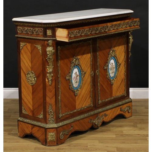 1534 - A Napoleon III gilt metal and porcelain mounted kingwood side cabinet, in the Louis XV taste, marble... 