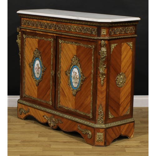 1534 - A Napoleon III gilt metal and porcelain mounted kingwood side cabinet, in the Louis XV taste, marble... 