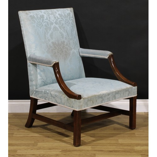 1396 - A 19th century mahogany Gainsborough armchair, stuffed-over upholstery, square forelegs, H-stretcher... 