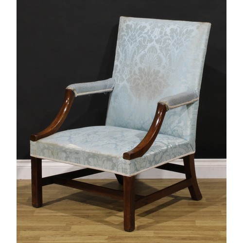 1396 - A 19th century mahogany Gainsborough armchair, stuffed-over upholstery, square forelegs, H-stretcher... 