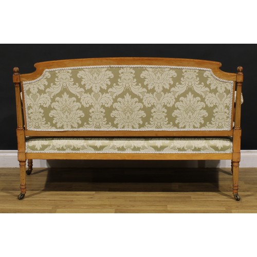 1531 - A Louis XVI Revival parcel-gilt canape or sofa, stuffed-over upholstery, fluted tapered cylindrical ... 