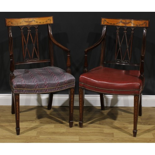 1280 - A pair of Sheraton Revival mahogany and marquetry elbow chairs, each cresting rail inlaid with an ur... 