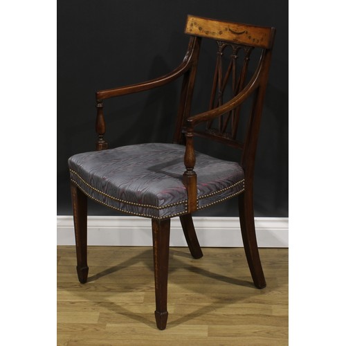 1280 - A pair of Sheraton Revival mahogany and marquetry elbow chairs, each cresting rail inlaid with an ur... 