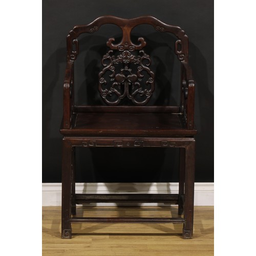 1397 - A Chinese hardwood Taishi armchair, shaped cresting rail carved with scrolls, the splat pierced and ... 